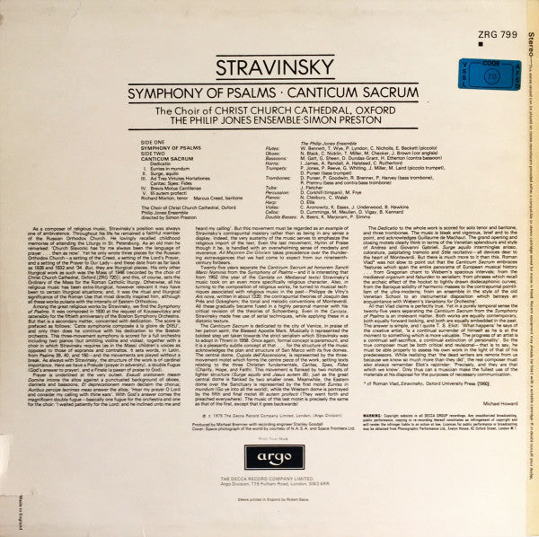 Igor Stravinsky - The Choir Of Christ Church Cathedral, Philip Jones Brass Ensemble, Simon Preston ~ Symphony Of Psalms • Canticum Sacrum (Vinyl) - Djungel & Jazz