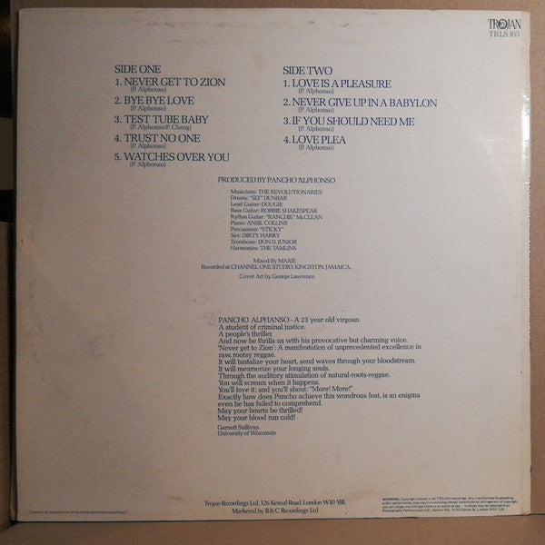 Pancho Alphonso & The Revolutionaries : Never Get To Zion (LP, Album)