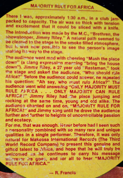 Jimmy Riley : Majority Rule For Africa (LP, Album)