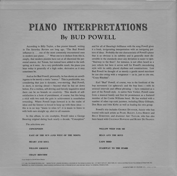 Bud Powell ~ Piano Interpretations By Bud Powell (Vinyl) - Djungel & Jazz