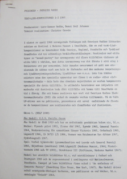 Åke Hodell, François Dufrêne, Bob Cobbing ~ Text-Sound Compositions 1: A Stockholm Festival 1968 (Vinyl) - Djungel & Jazz