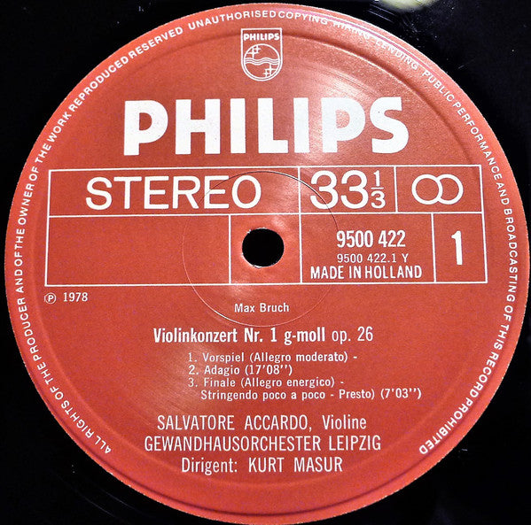 Bruch - Salvatore Accardo, Gewandhaus Orchestra, Leipzig, Kurt Masur ~ Violin Concertos No. 1, Op. 26 & No. 2, Op. 44 (Vinyl) - Djungel & Jazz