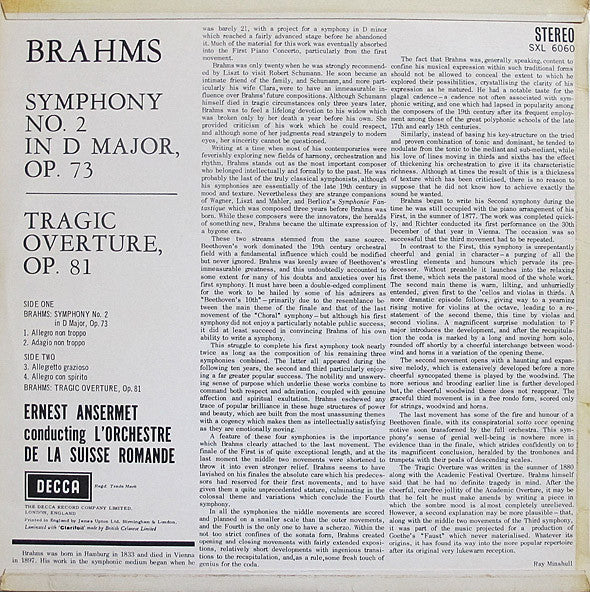 Johannes Brahms, Ernest Ansermet ∙ L'Orchestre De La Suisse Romande : Second Symphony ∙Tragic Overture (LP)