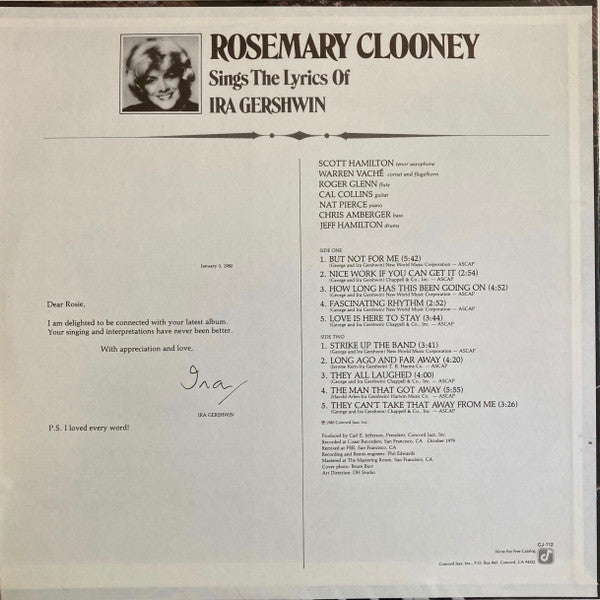 Rosemary Clooney ~ Rosemary Clooney Sings The Lyrics Of Ira Gershwin (Vinyl) - Djungel & Jazz