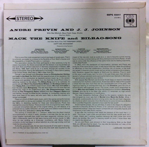 André Previn And J.J. Johnson ~ "Mack The Knife", "Bilbao Song" Etc. (Vinyl) - Djungel & Jazz