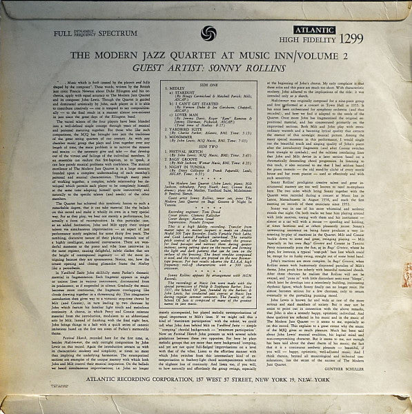 The Modern Jazz Quartet Guest Artist: Sonny Rollins ~ The Modern Jazz Quartet At Music Inn /  Volume 2 (Vinyl) - Djungel & Jazz