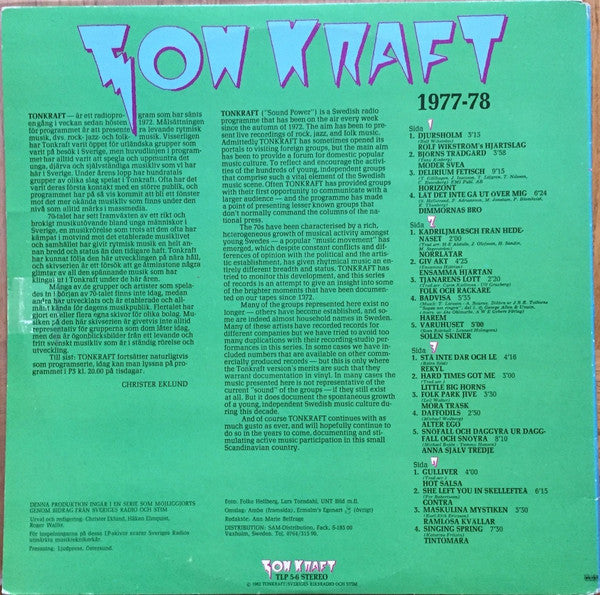 Various ~ Tonkraft 1977-78 (Levande Musik Från Sverige • Live Music From Sweden) (Vinyl) - Djungel & Jazz