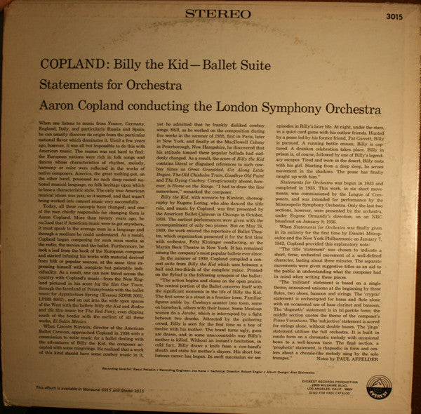 Aaron Copland Conducting The London Symphony Orchestra* : Billy The Kid (Suite From Ballet) / Statements For Orchestra (LP, Album, RE)