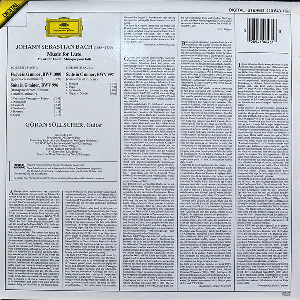 Johann Sebastian Bach, Göran Söllscher ~ Lute Suites = Lautensuiten BWV 996 & 997 (Vinyl) - Djungel & Jazz