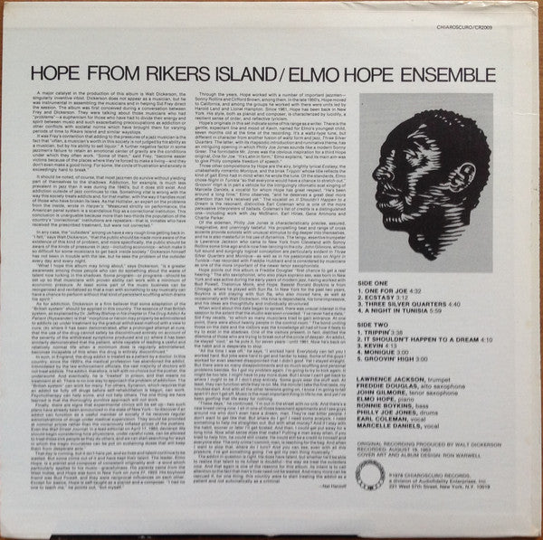 Elmo Hope Ensemble ~ Hope From Rikers Island (Vinyl) - Djungel & Jazz