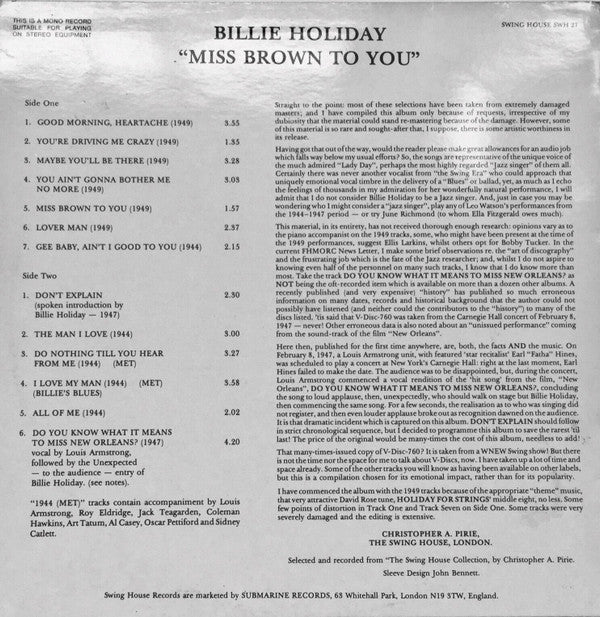 Billie Holiday ~ Miss Brown To You (Vinyl) - Djungel & Jazz