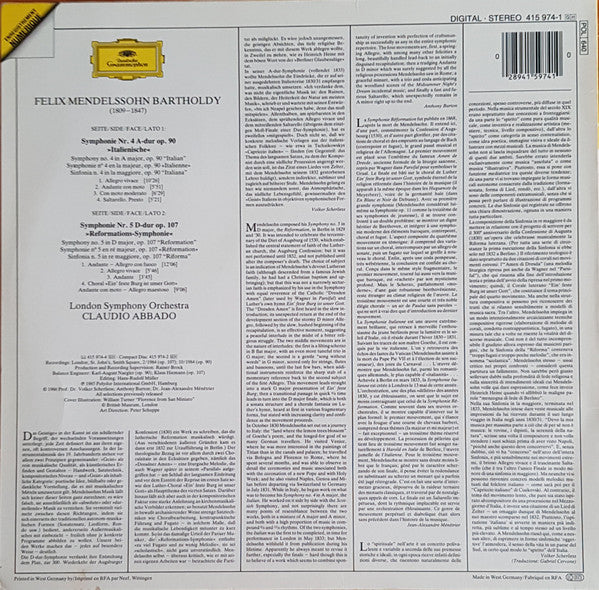 Mendelssohn, London Symphony Orchestra, Claudio Abbado ~ Symphonien 4 & 5 (Vinyl) - Djungel & Jazz