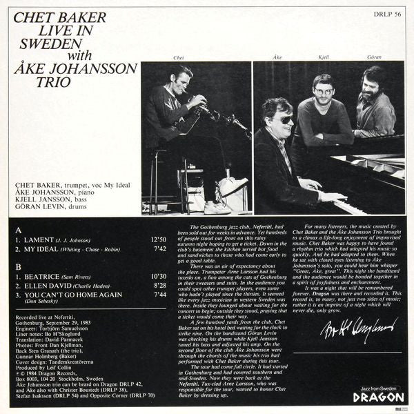 Chet Baker With Åke Johansson Trio ~ Live In Sweden (Vinyl) - Djungel & Jazz