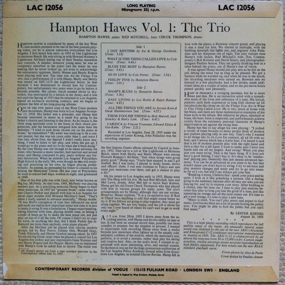 Hampton Hawes Trio : Hampton Hawes Trio, Vol. 1 (LP, Album, Mono)