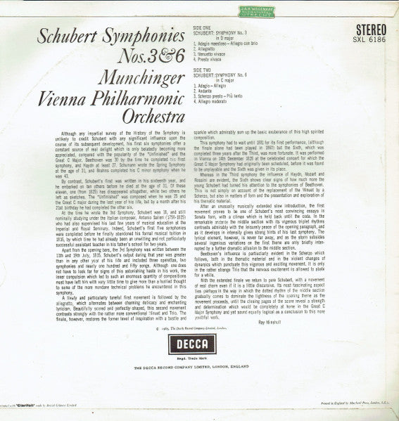 Schubert, Münchinger, Vienna Philharmonic Orchestra ~ Symphonies Nos. 3 & 6 (Vinyl) - Djungel & Jazz