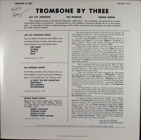 J.J. Johnson / Kai Winding / Bennie Green ~ Trombone By Three (Vinyl) - Djungel & Jazz