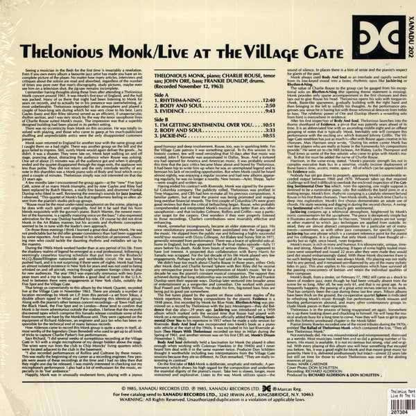 Thelonious Monk ~ Live! At The Village Gate (Vinyl) - Djungel & Jazz