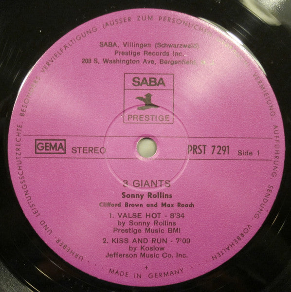 Sonny Rollins, Clifford Brown And Max Roach : 3 Giants! (LP, Album, RE)