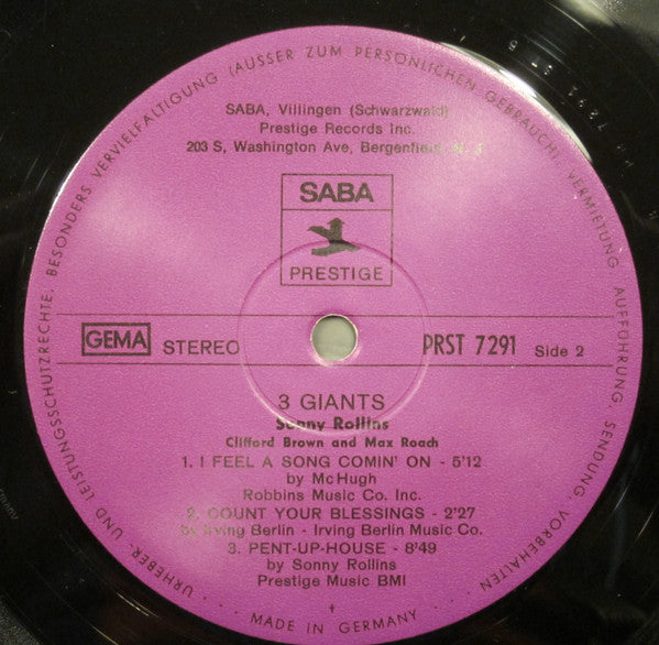 Sonny Rollins, Clifford Brown And Max Roach : 3 Giants! (LP, Album, RE)