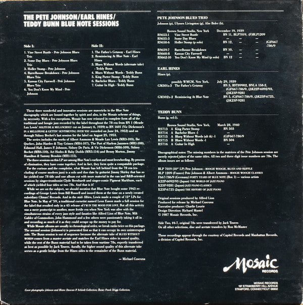 Pete Johnson / Earl Hines / Teddy Bunn ~ The Pete Johnson / Earl Hines / Teddy Bunn Blue Note Sessions (Vinyl) - Djungel & Jazz