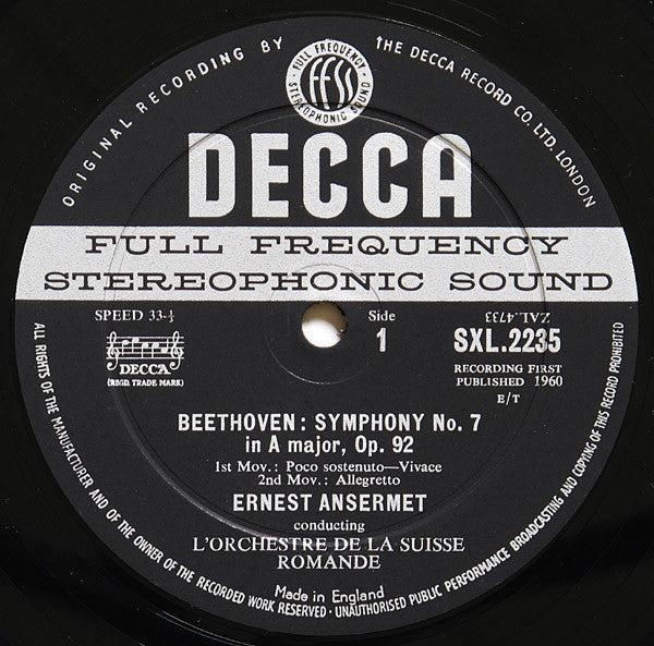Ludwig van Beethoven, L'Orchestre De La Suisse Romande, Ernest Ansermet : Symphony No.7 / Fidelio Overture (LP, ED1)
