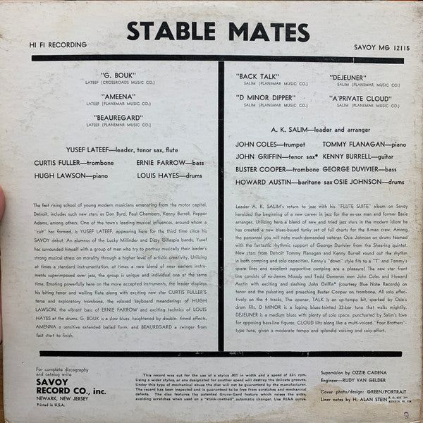 Yusef Lateef / A.K. Salim ~ Stable Mates (Vinyl) - Djungel & Jazz