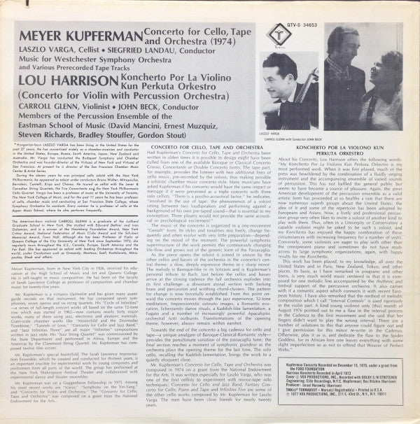 Meyer Kupferman / Lou Harrison ~ Concerto For Cello, Tape And Orchestra / Concerto For Violin And Percussion Orchestra (Vinyl) - Djungel & Jazz