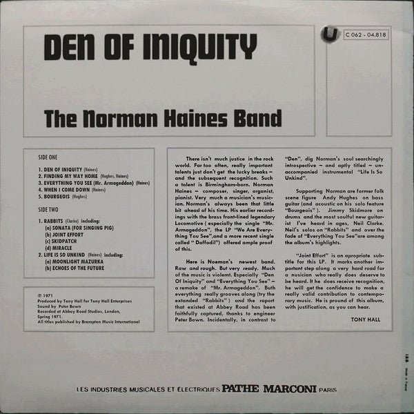 The Norman Haines Band : Den Of Iniquity (LP, Album)