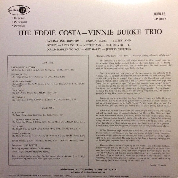 Eddie Costa - Vinnie Burke Trio ~ Eddie Costa - Vinnie Burke Trio (Vinyl) - Djungel & Jazz