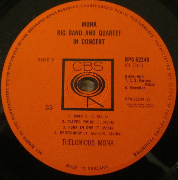 Thelonious Monk ~ Big Band And Quartet In Concert (Vinyl) - Djungel & Jazz