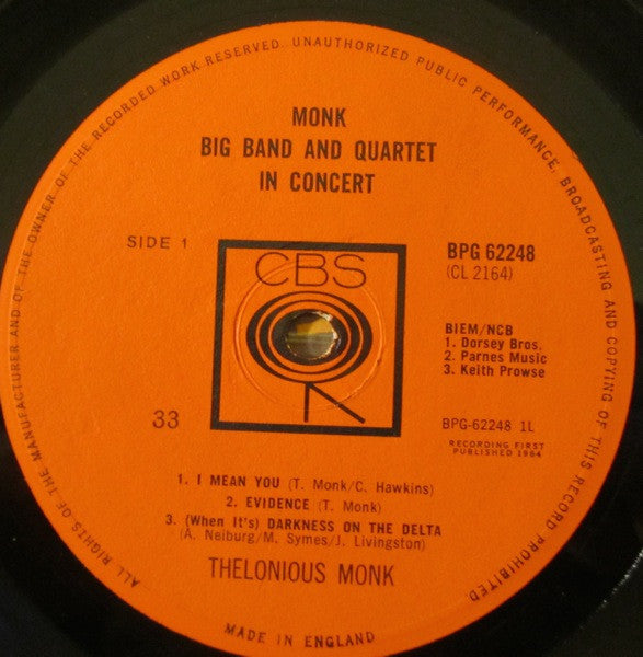 Thelonious Monk ~ Big Band And Quartet In Concert (Vinyl) - Djungel & Jazz