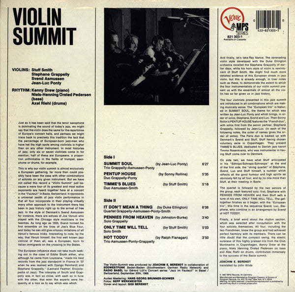 Stuff Smith, Stéphane Grappelli, Svend Asmussen, Jean-Luc Ponty ~ Violin-Summit (Vinyl) - Djungel & Jazz