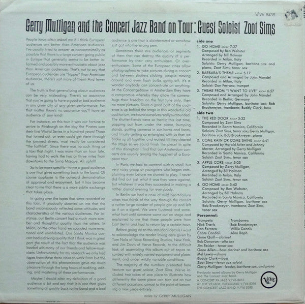 Gerry Mulligan And The Concert Jazz Band Guest Soloist: Zoot Sims ~ Gerry Mulligan And The Concert Jazz Band On Tour (Vinyl) - Djungel & Jazz