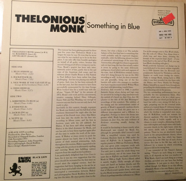 Thelonious Monk : Something In Blue (LP, Album)