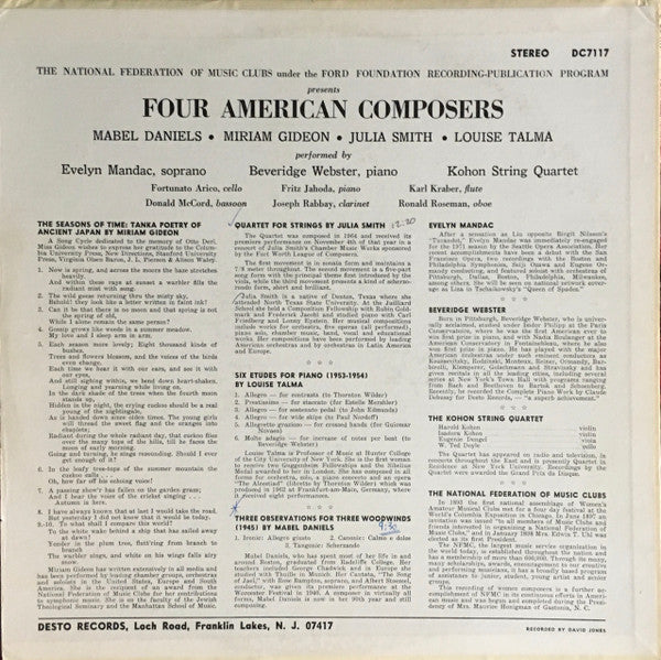 Mabel Daniels / Miriam Gideon / Julia Smith / Louise Talma ~ Four American Composers (Vinyl) - Djungel & Jazz