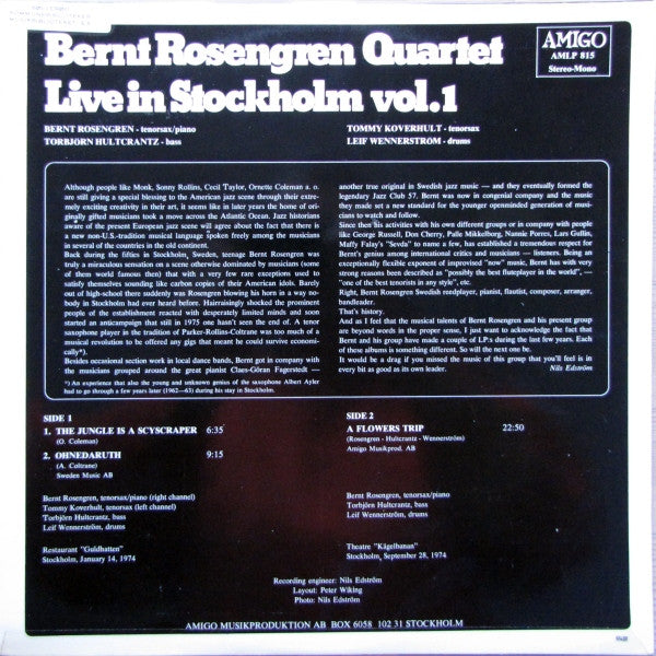 Bernt Rosengren Quartet / Bernt Rosengren Trio ~ Live In Stockholm Vol.1 (Vinyl) - Djungel & Jazz