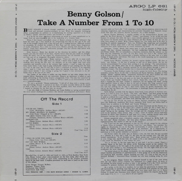 Benny Golson ~ Take A Number From 1 To 10 (Vinyl) - Djungel & Jazz