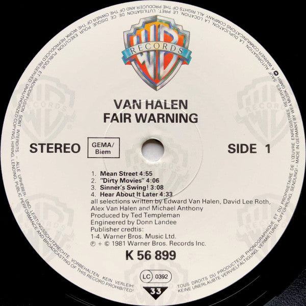 Van Halen : Fair Warning (LP, Album, RE)