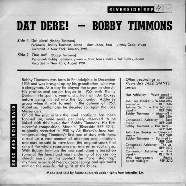 Bobby Timmons ~ Dat Dere (Vinyl) - Djungel & Jazz