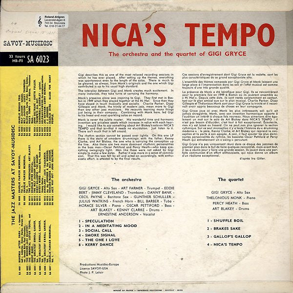 The Orchestra And The Quartet Of Gigi Gryce ~ Nica's Tempo (Vinyl) - Djungel & Jazz