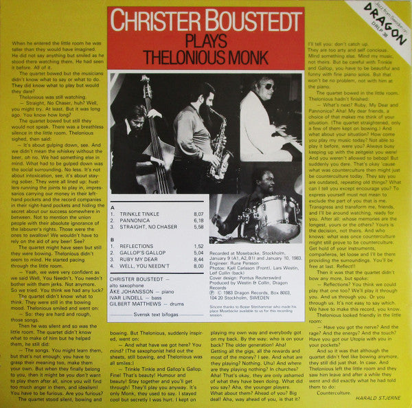 Christer Boustedt ~ Christer Boustedt Plays Thelonious Monk (Vinyl) - Djungel & Jazz