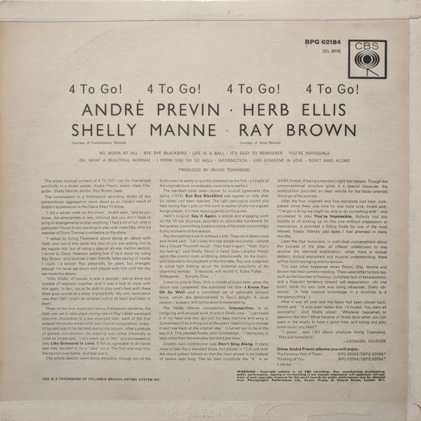 André Previn / Herb Ellis / Shelly Manne / Ray Brown ~ 4 To Go! (Vinyl) - Djungel & Jazz