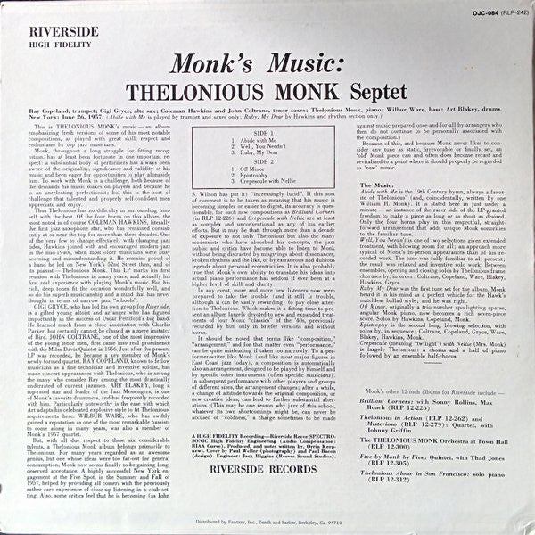 Thelonious Monk Septet : Monk's Music (LP, Album, Mono, RE)