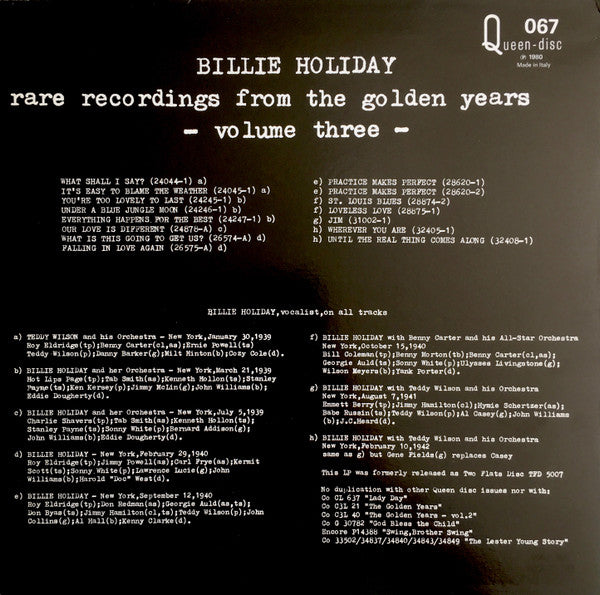 Billie Holiday ~ Rare Recordings From The Golden Years - Volume 3 (Vinyl) - Djungel & Jazz