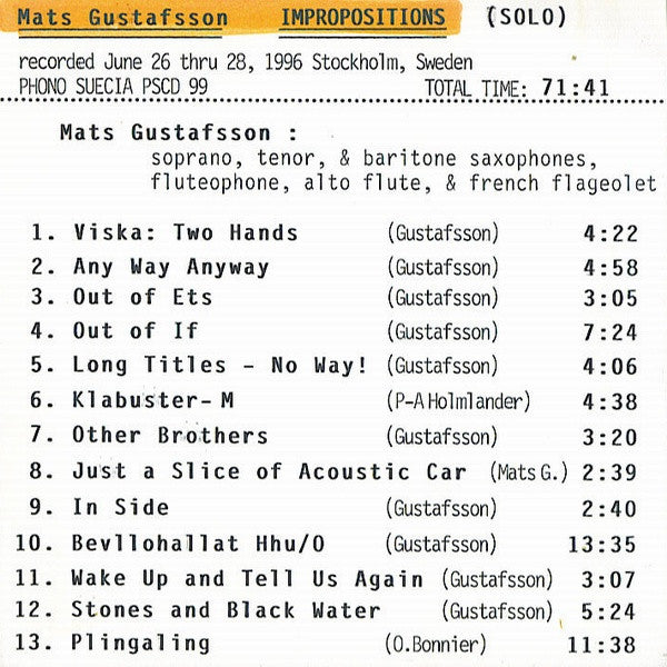 Mats Gustafsson ~ Impropositions. Solo Saxophone (Vinyl) - Djungel & Jazz