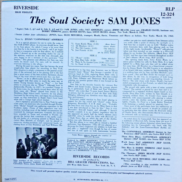Sam Jones With Nat Adderley, Blue Mitchell, Jimmy Heath, Bobby Timmons ~ The Soul Society (Vinyl) - Djungel & Jazz