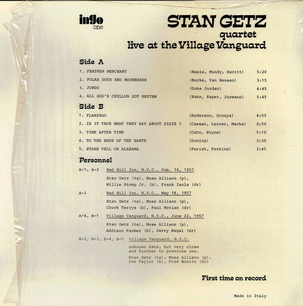 Stan Getz Quartet ~ Live At The Village Vanguard (Vinyl) - Djungel & Jazz