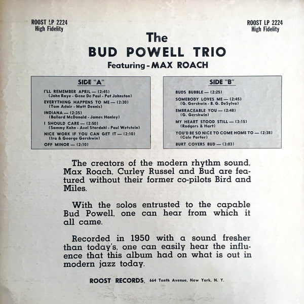 Bud Powell Trio Featuring Max Roach ~ Bud (Vinyl) - Djungel & Jazz