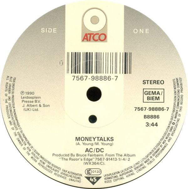 AC/DC : Moneytalks (7", Single, Sol)