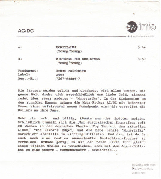 AC/DC : Moneytalks (7", Single, Sol)